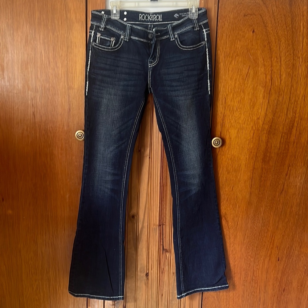 Rock and roll dark jeans, lightly worn